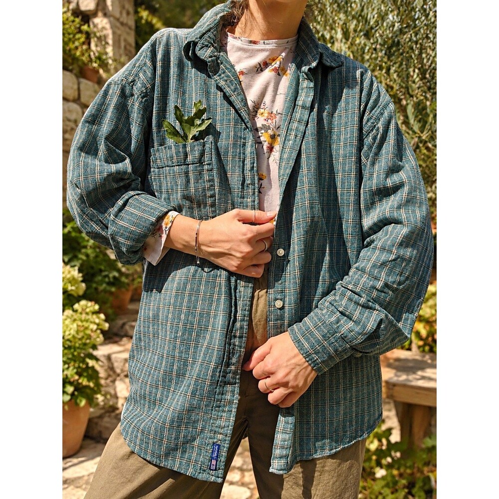 Green Plaid Cotton Overshirt - Men's Fall Shirt Jacket L